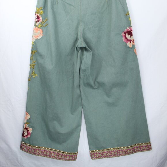 ARATTA SILENT JOURNEY GREEN WOMEN'S DENIM PANTS EMBROIDERED STUDDED FLORAL BOHO - Picture 9 of 10